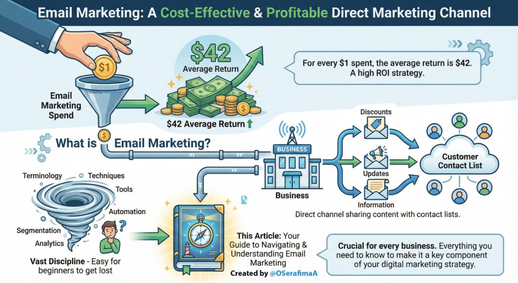 Email marketing ROI: $1 spent = $42 return. Visual guide to what email marketing is and why it’s crucial for every business.