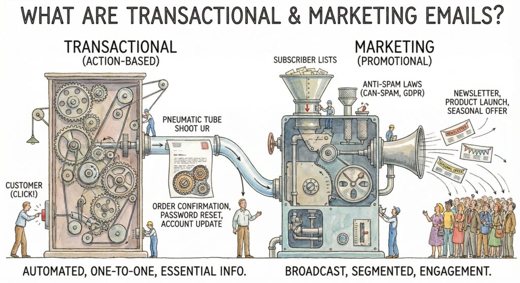 Transactional vs marketing email infographic comparing order confirmations and newsletters