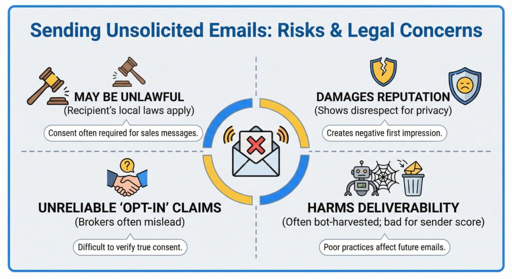 Infographic showing 4 key risks of unsolicited emails: May Be Unlawful, Damages Reputation, Unreliable ‘Opt-In’ Claims, Harms Deliverability, with icons for gavel, shield, handshake, robot