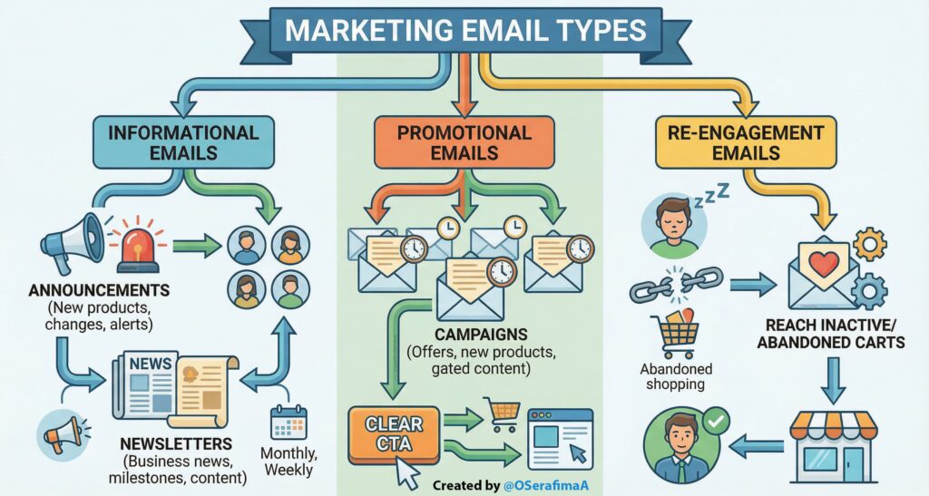 Visual guide to 3 main marketing email types: informational, promotional, and re-engagement. Includes examples like newsletters, campaigns with CTA, and cart recovery.