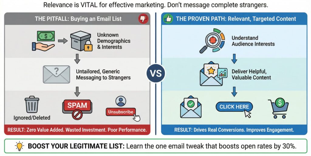 Infographic comparing “The Pitfall” (buying email lists → spam/unsubscribe) vs “The Proven Path” (targeted content → clicks/conversions), with icons for money, lock, spam, click, cart