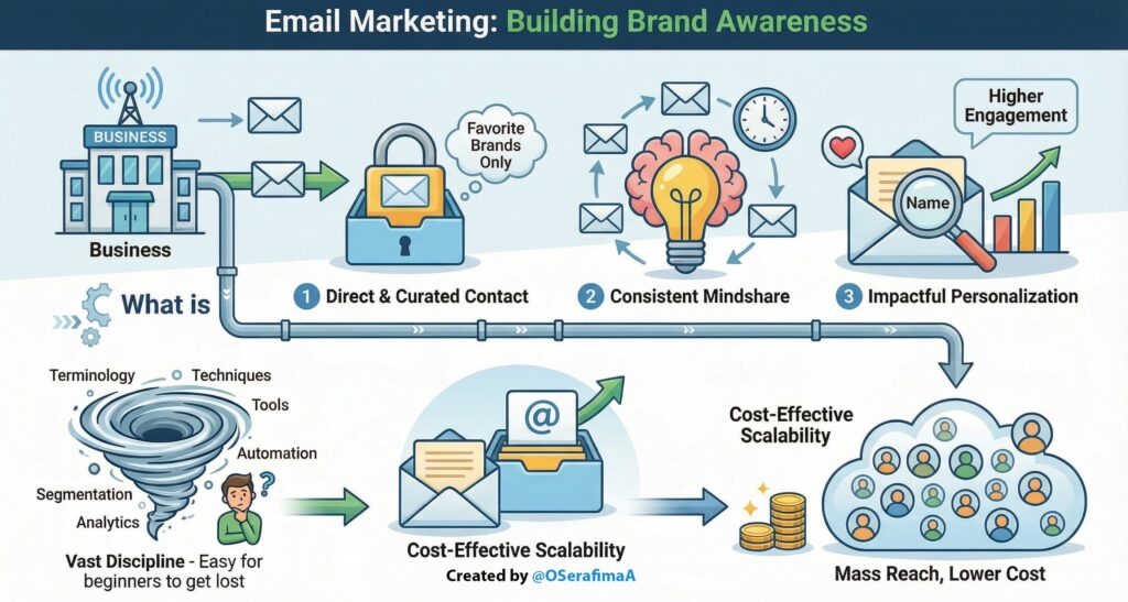 How email marketing builds brand awareness: direct contact, consistent mindshare, and personalization → higher engagement & scalable reach.