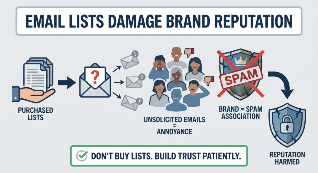 Infographic showing how purchased email lists lead to unsolicited emails → annoyance → brand = spam association → harmed reputation. Icons: hand with papers, envelope with question mark, angry faces, broken shield with “SPAM”, locked shield.