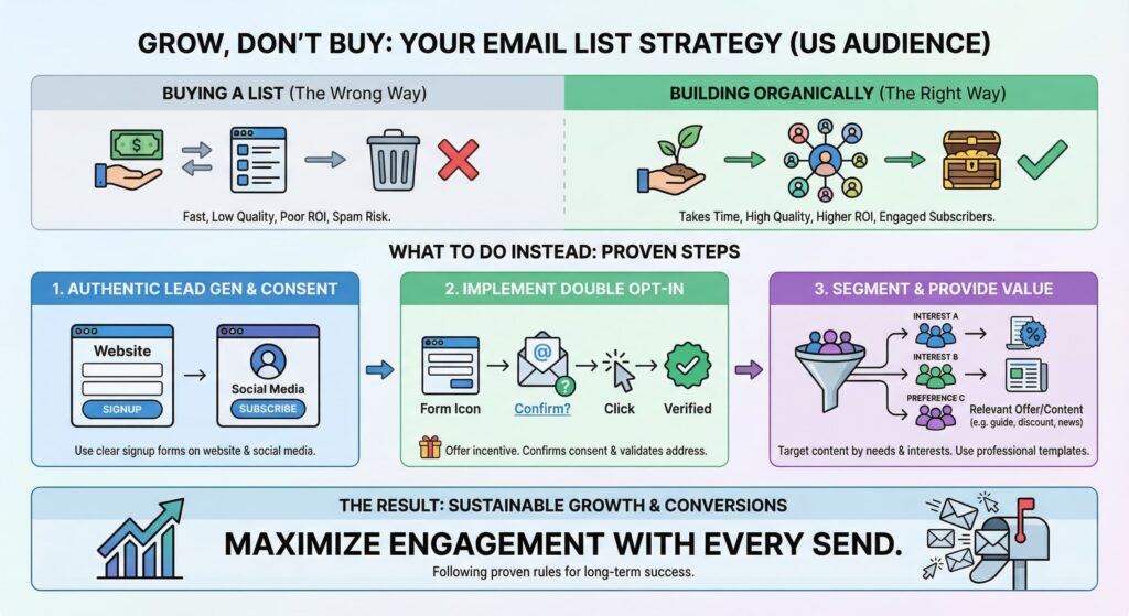 Infographic comparing “Buying a List (Wrong Way)” vs “Building Organically (Right Way)”, with 3 proven steps: 1. Authentic Lead Gen & Consent, 2. Double Opt-In, 3. Segment & Provide Value. Icons: money → trash, plant → treasure chest, signup form → verified email → segmented funnel.