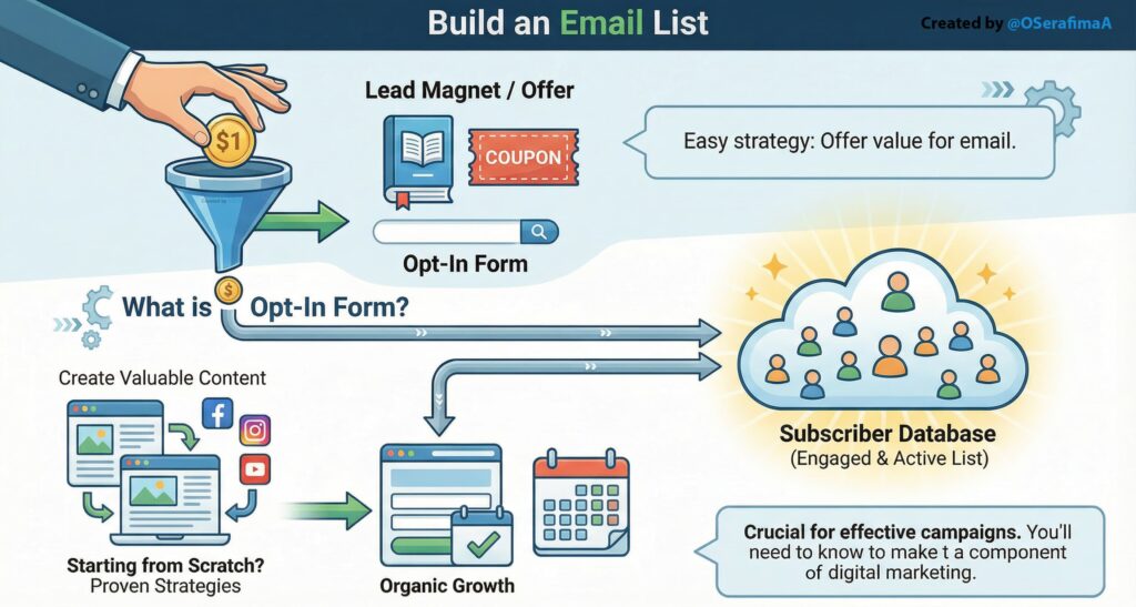 How to build an email list: offer value (ebook/coupon), use opt-in forms, and grow organically. Visual guide for beginners.