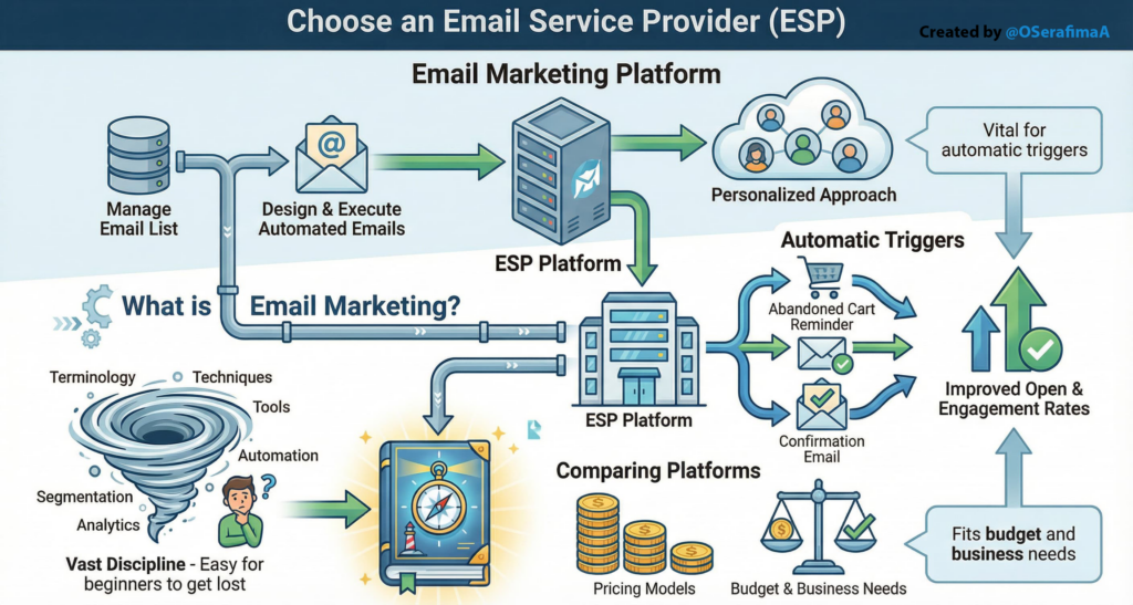 Infographic showing how an Email Service Provider (ESP) manages email lists, automates triggers, and helps compare platforms by pricing and business needs.