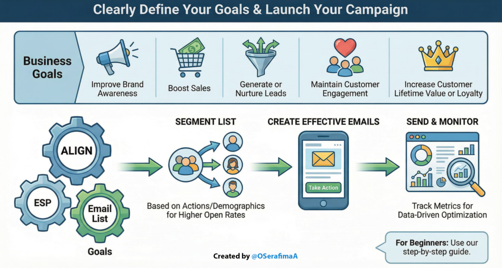 Infographic showing how an Email Service Provider (ESP) manages email lists, automates triggers, and helps compare platforms by pricing and business needs.