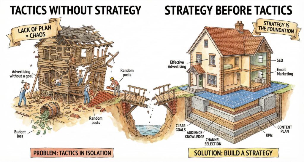A person trying to build a house without a blueprint, symbolizing marketers who focus on tactics like ads and social media without a clear strategy.