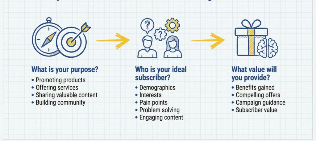 Step 1: Define your goals and target audience — including purpose, ideal subscriber profile, and value proposition.