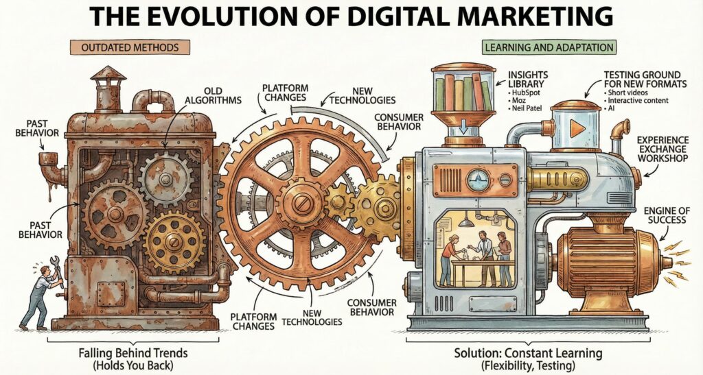 A split illustration of digital marketing: on the left, a rusted machine labeled outdated methods stuck in past behavior and old algorithms; on the right, a sleek engine connected to books, dashboards, and testing tanks for new formats, symbolizing staying current with trends through continuous learning and adaptation.