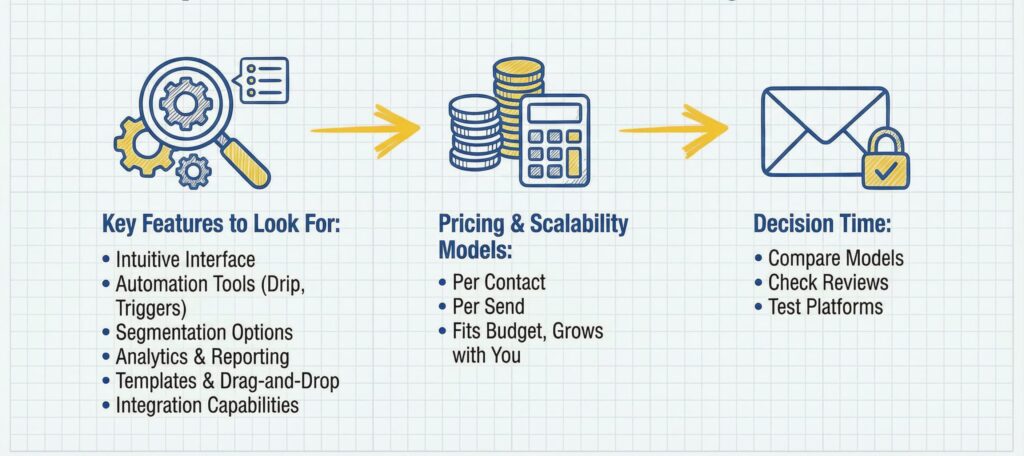 Step 2: How to choose an email marketing platform — key features, pricing models, and decision criteria.