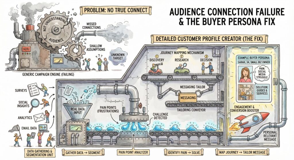 Illustrated factory showing a failing generic campaign machine on the left and a detailed customer profile engine on the right, symbolizing how buyer personas and audience insights transform weak, generic marketing into relevant, high‑converting messages.