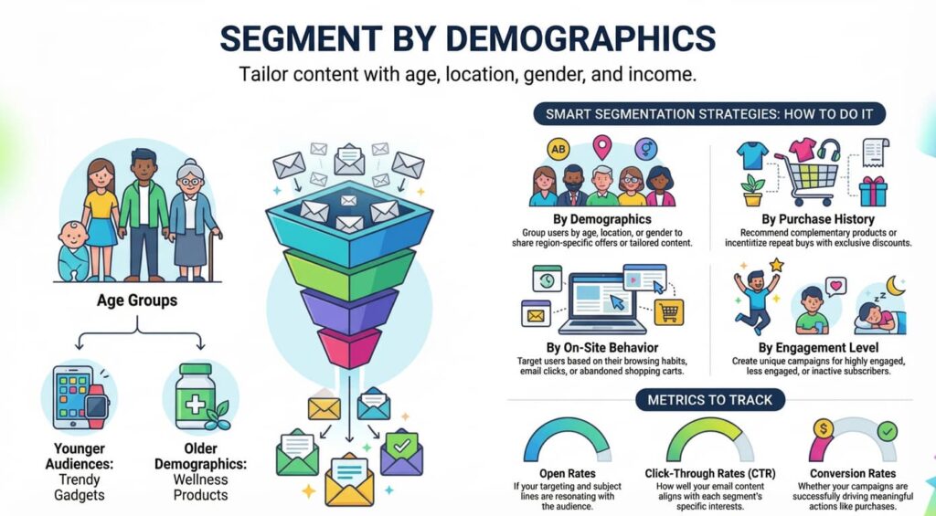 Segment by demographics: email marketing funnel showing different age groups and icons for age, location, gender, income, and engagement levels.