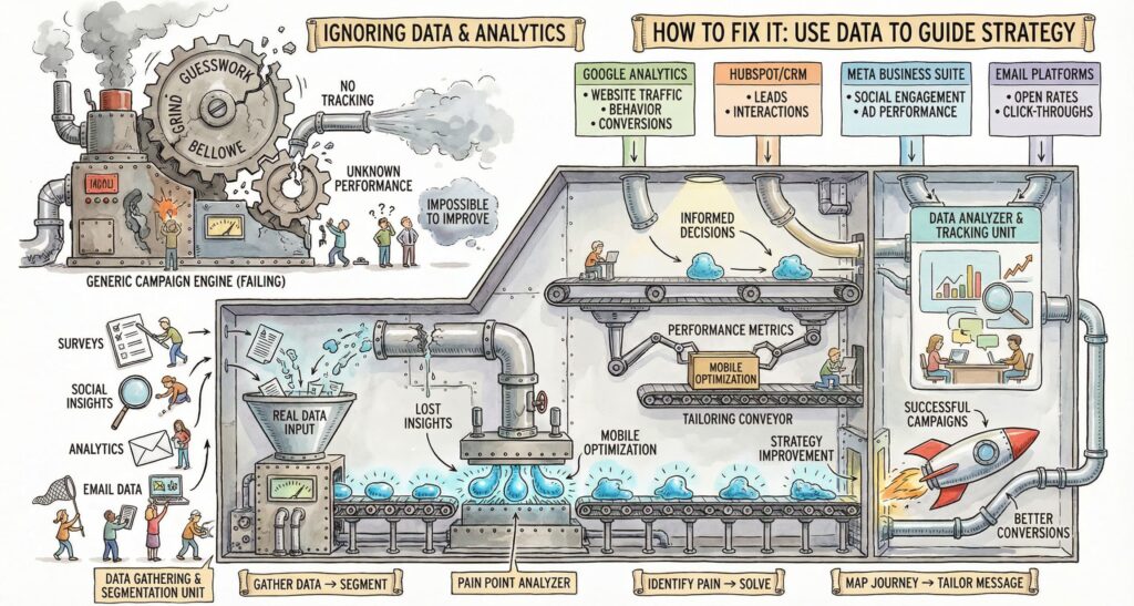 Illustrated factory showing a failing marketing machine on the left labeled “Ignoring Data & Analytics” and a data‑driven engine on the right using Google Analytics, CRM, social media, and email platforms to guide strategy, optimize performance, and launch a rocket symbolizing successful campaigns and better conversions.