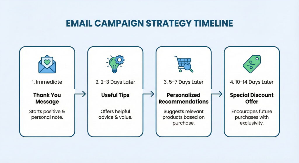 Email campaign strategy timeline with four steps from thank you message to special discount offer