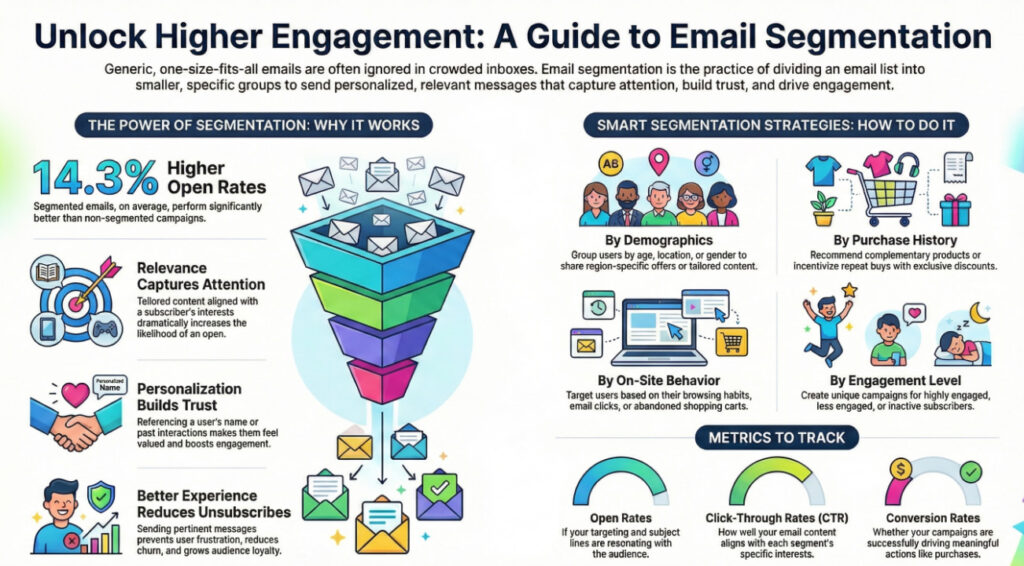 Email segmentation guide: strategies by demographics, behavior, purchase history and metrics to track
