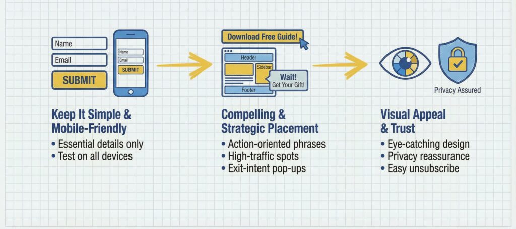 Infographic showing how to design an effective email opt-in form: keep it simple, make it compelling, place strategically, design for mobile, and add privacy reassurance.