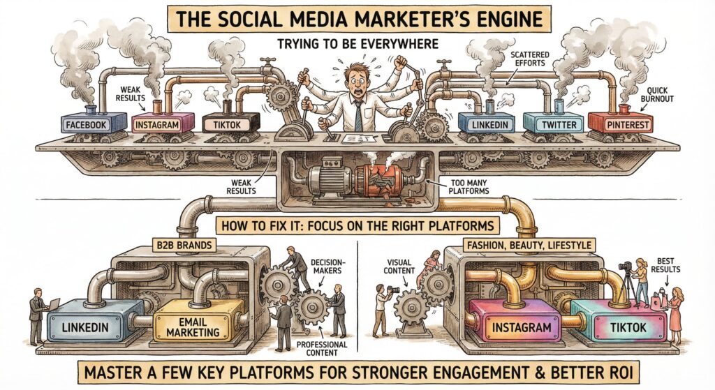 An illustrated factory showing a stressed marketer trying to manage seven social platforms at once with scattered efforts and weak results on top, versus a focused engine below showing B2B brands optimizing LinkedIn and email marketing, and fashion/beauty brands succeeding on Instagram and TikTok with better ROI.