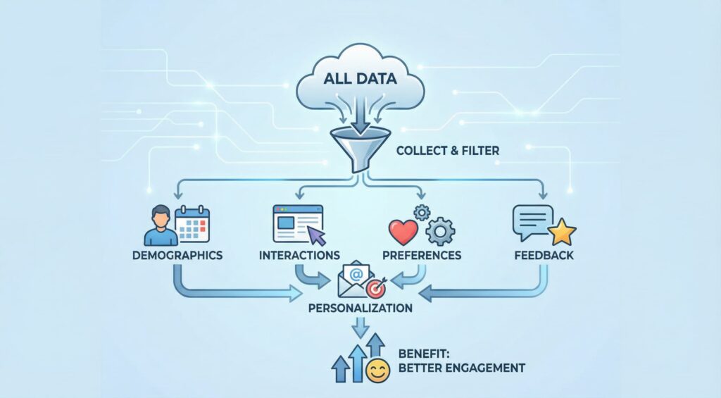 How to collect and use data for email personalization — demographics, interactions, preferences, feedback → better engagement.