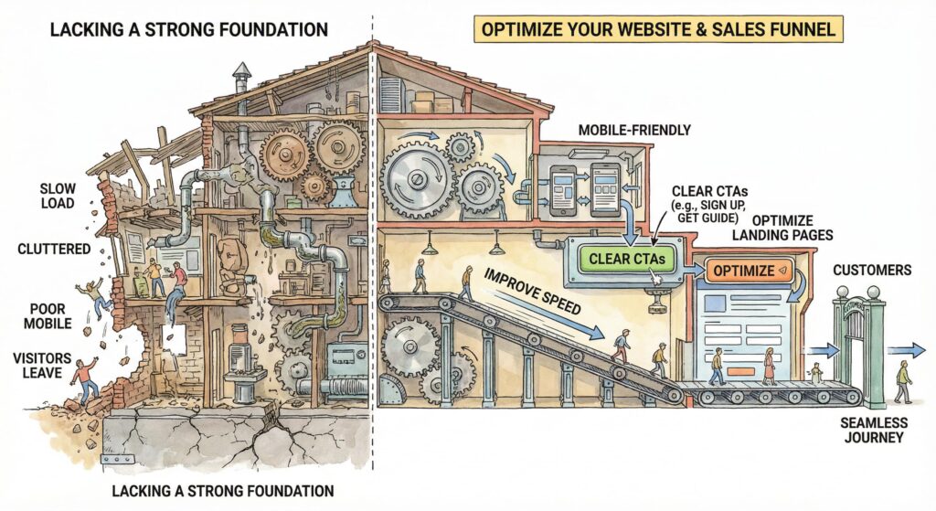 A split illustration of a broken, cluttered website with slow load and poor mobile experience on one side, and an optimized, mobile-friendly site with clear CTAs, faster speed, and a smooth conveyor belt guiding visitors into paying customers on the other side.