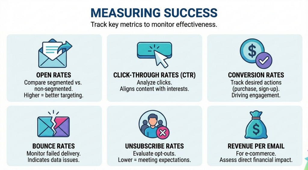 Measuring email segmentation success with icons for open rates, click‑through rates, conversions, bounces, unsubscribes, and revenue per email.