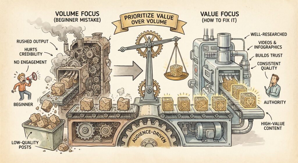 A split illustration of a beginner’s noisy content machine dumping rough blocks labeled low-quality posts versus a refined machine creating glowing, detailed blocks, symbolizing the move from posting a lot to publishing fewer, well-researched, high-value pieces that build trust and authority.