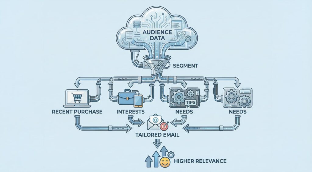 How to personalize email content: use audience data (purchase, interests, needs) → segment → tailor emails → higher relevance.