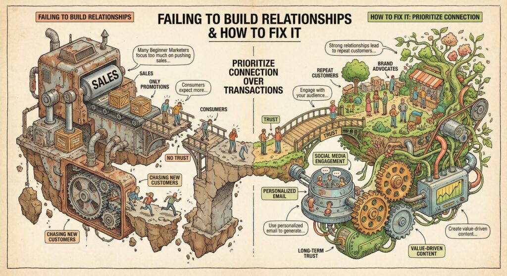 Marketer moving from shouting one‑way sales messages to having two‑way conversations with customers, symbolizing the shift from hard selling to relationship building and long‑term loyalty.