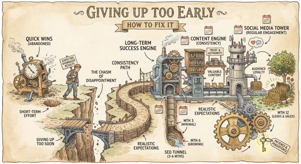 A detailed scene where a marketer gives up at a broken bridge labeled “short‑term effort,” while a separate path of consistent work runs through an SEO tunnel and content engine toward a tower of social media engagement and a treasure chest, representing the long‑term rewards of patience and persistence in marketing.