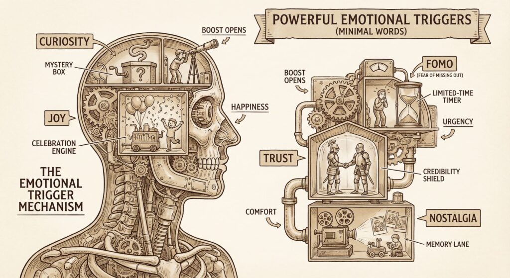 Emotional trigger mechanism infographic showing human brain with emotions like curiosity, joy, celebration, mystery that boost email open rates
