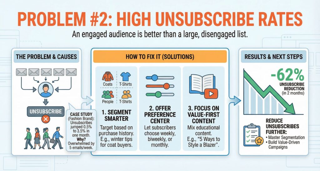  How to reduce high unsubscribe rates: segment smarter, offer preference center, focus on value content