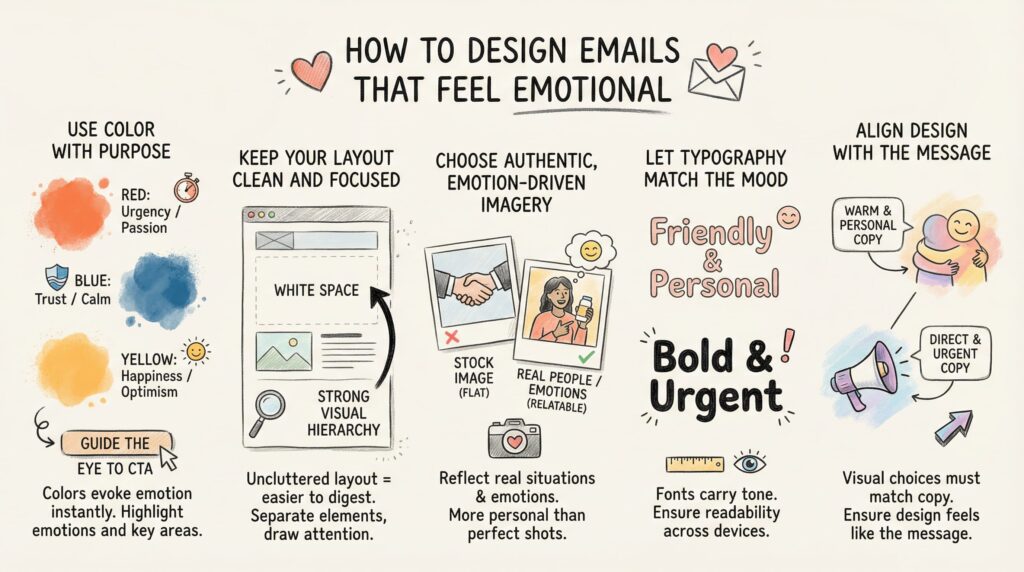 Email design infographic: color psychology, clean layout, authentic imagery, 
typography matching mood, visual hierarchy.
