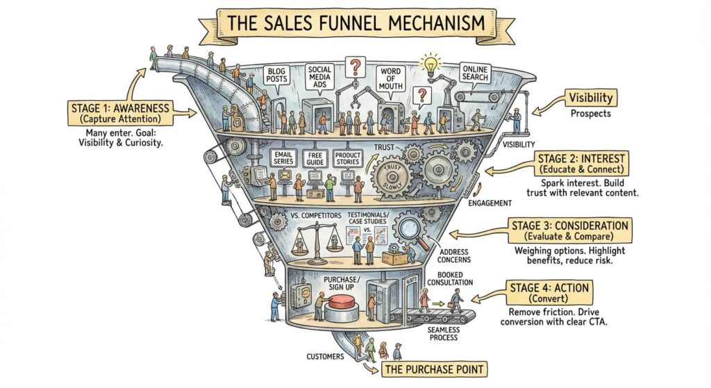 A detailed sales funnel diagram showing people entering at the top through blog posts, social media ads, word of mouth, and search, then moving through stages labeled awareness, interest, consideration, and action, with gears and content along the way, and emerging as customers at the bottom.


