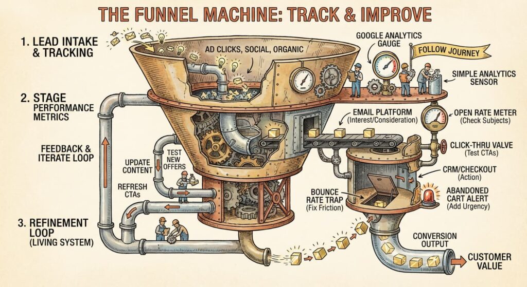 Visual guide to tracking and improving a sales funnel with metrics, analytics, and feedback loops