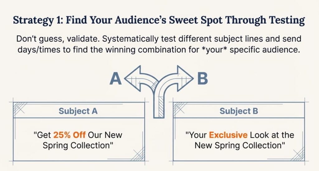 Email subject line A/B testing example: “Get 25% Off” vs “Your Exclusive Look”