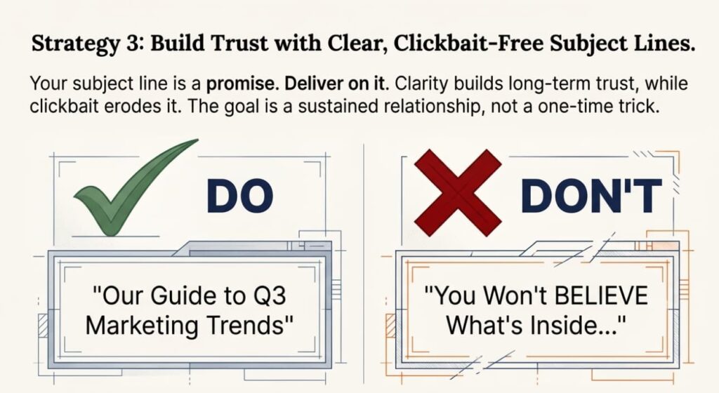 DO vs DON’T: Clear subject lines like “Our Guide to Q3 Marketing Trends” vs clickbait like “You Won’t BELIEVE What’s Inside…”