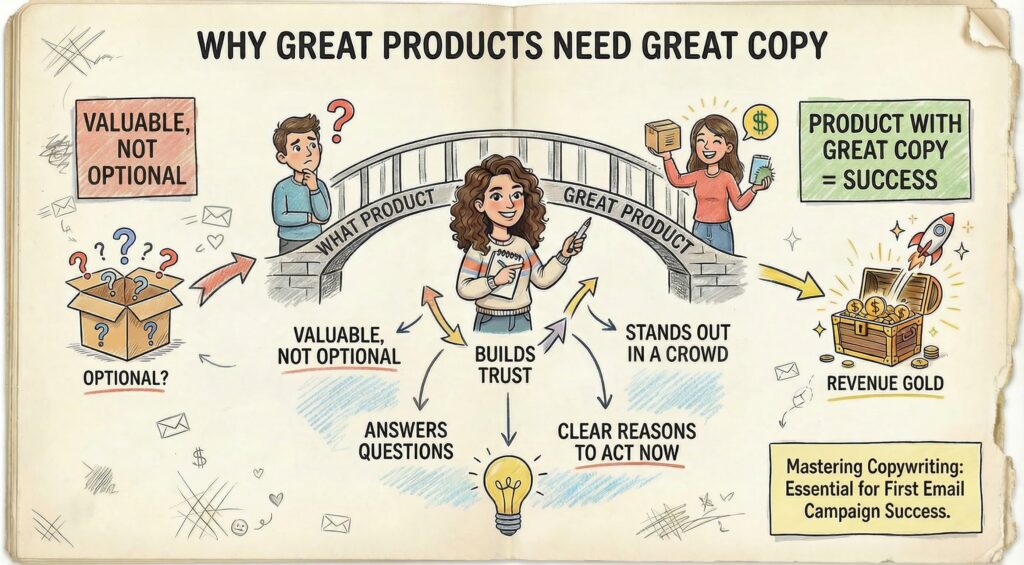 Illustration showing why great products need great copy in email marketing