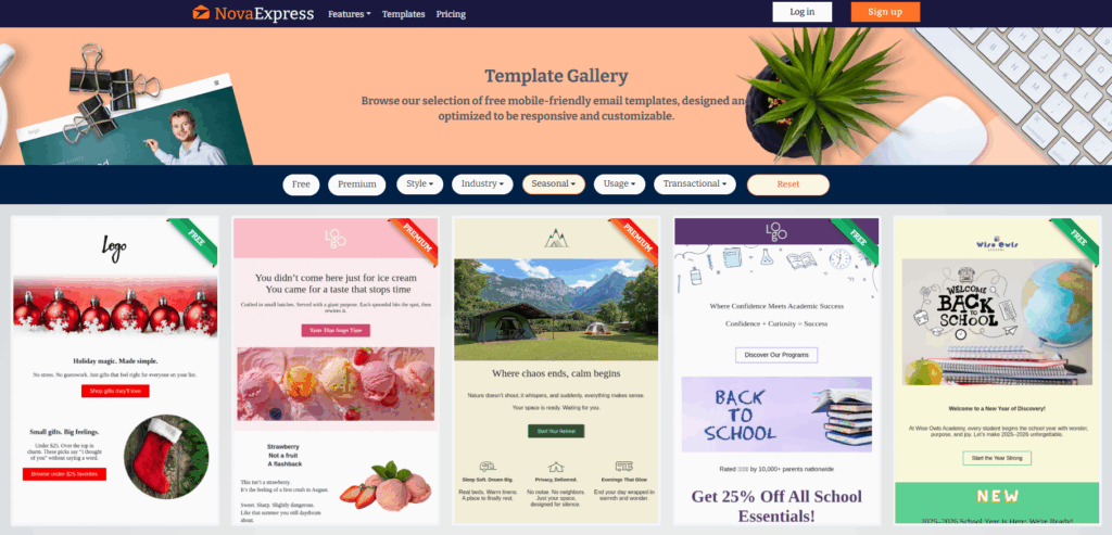 Nova Express template-gallery CTA banner: big headline, mobile-friendly previews.
