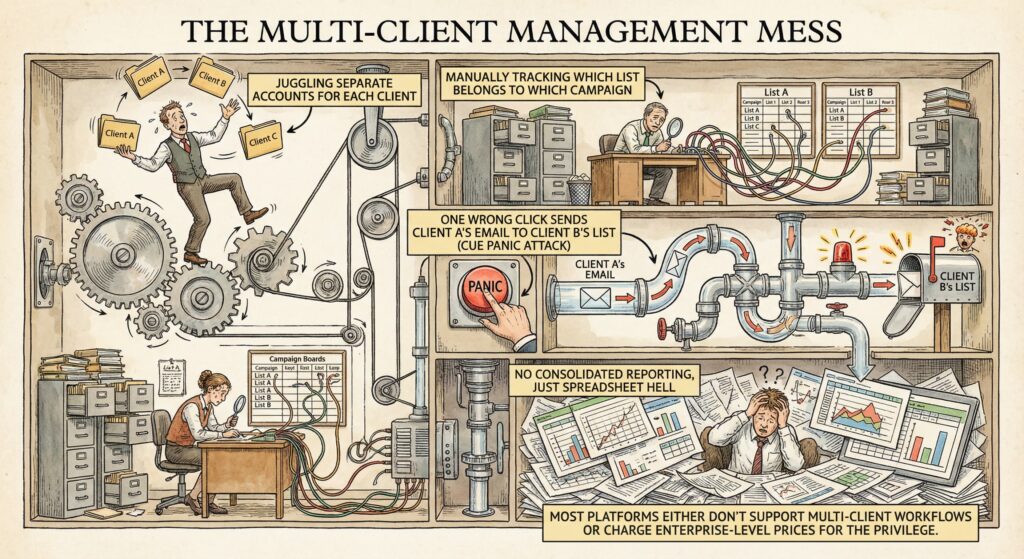 Illustration of the chaos of managing multiple email clients across separate accounts and lists.