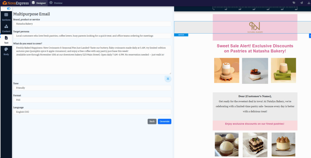 email brief input interface