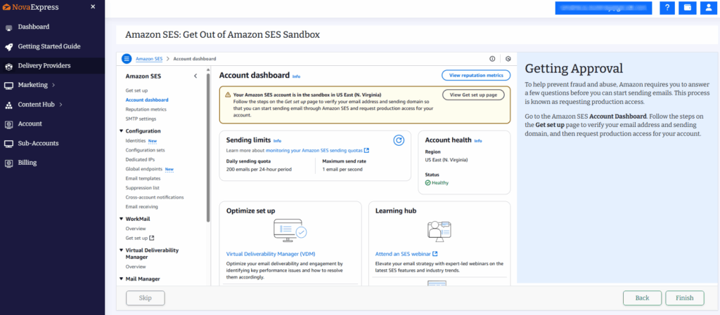 Nova Express setup guide interface showing step-by-step instructions for configuring Amazon SES. Highlights the guided workflow and explanations to simplify AWS setup.