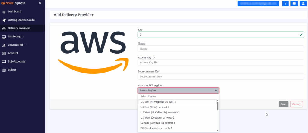 Screenshot of AWS Console showing IAM access key creation for Amazon SES. Displays Access Key ID and Secret Access Key fields ,note: Secret Key is shown only once and must be saved immediately.
