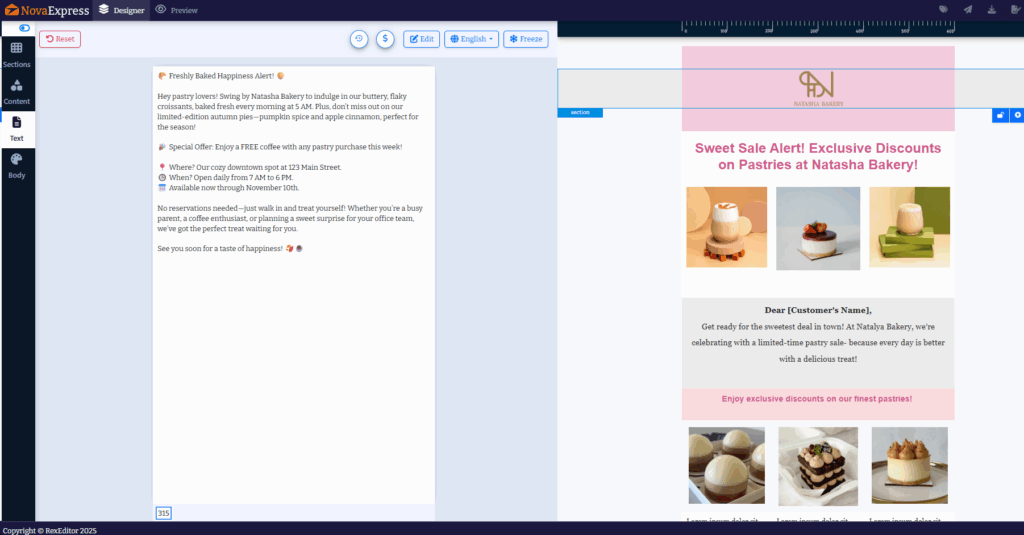 Event Promotion Email template in Nova Express AI editor – English, German, Spanish versions side-by-side
