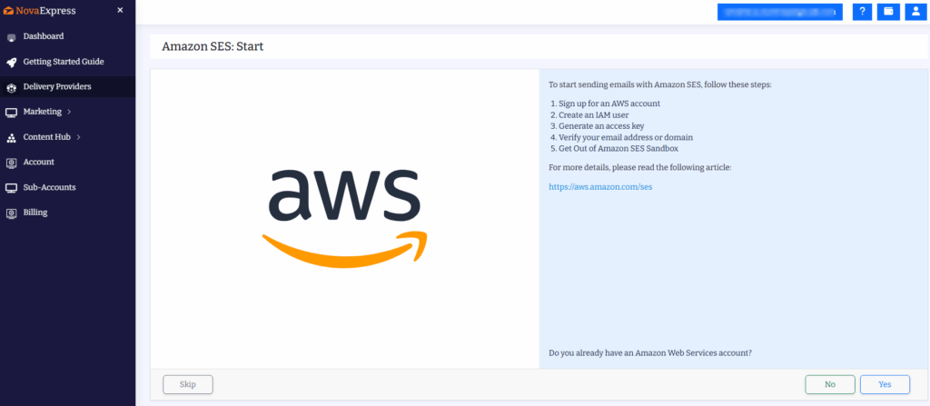 Step 2: The guided setup interface in Nova Express shows all required steps for AWS SES
