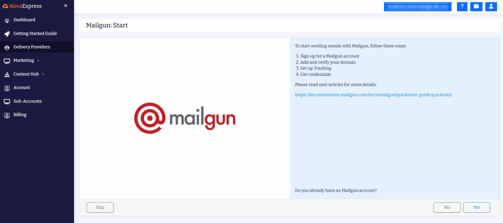 Mailgun setup wizard in Nova Express: sign up and connect your domain