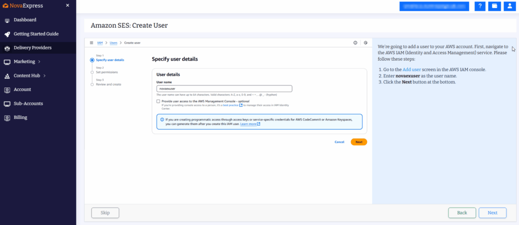 Create IAM User in Nova Express, the dedicated email sender for secure sending