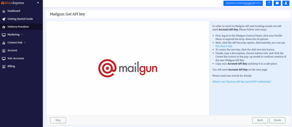 Connect Mailgun to Nova Express: enter domain and API key