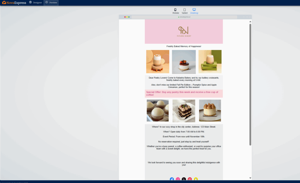 Nova Express auto-generates branded header, product grid, accent blocks & social footer in under 60 seconds