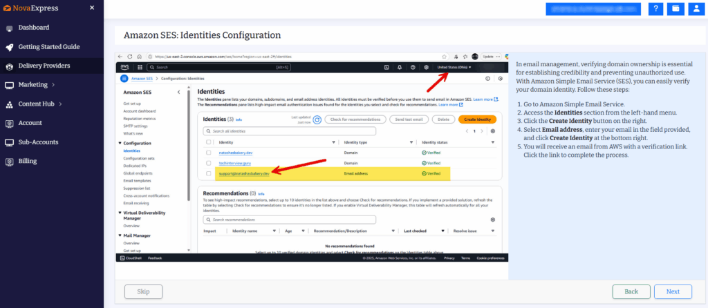 AWS SES console screenshot showing how to navigate to "Identities" to verify your domain or email address for improved email deliverability.