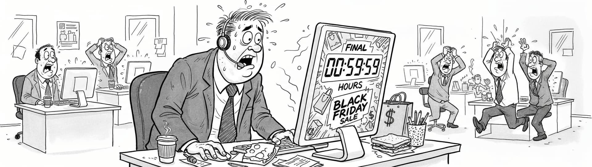 Marketing team brainstorming authentic urgency tactics for Black Friday email campaigns — countdown timers, low stock alerts, flash sales